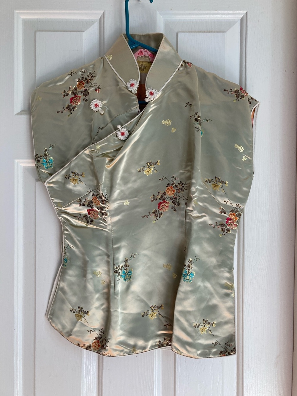 Embroidered Satin Mandarin-Style Top in Pale Sage